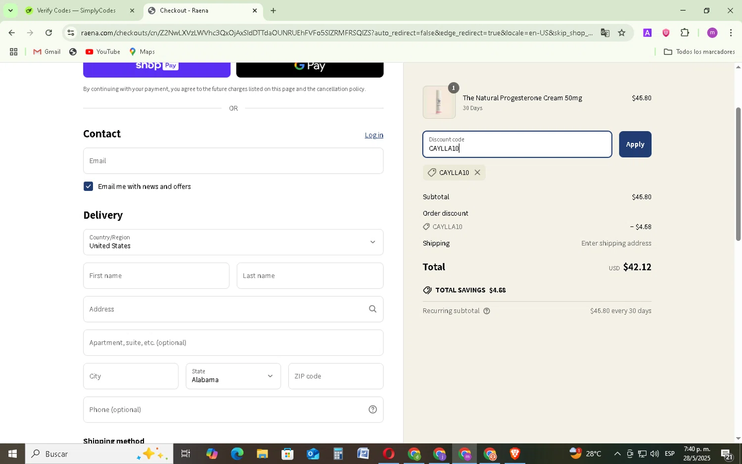 Raena promo code screenshot showing code CAYLLA10 applied at Raena checkout page. Uploaded by SimplyCodes community member BudgetMonarch8952 on May 28, 2025