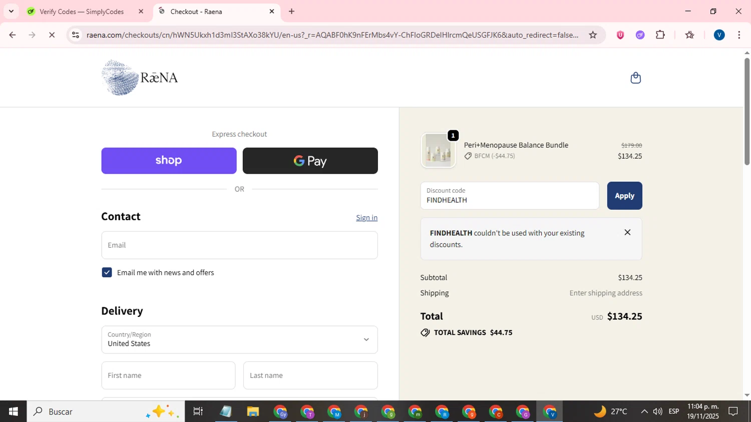Raena promo code screenshot showing code FINDHEALTH applied at Raena checkout page. Uploaded by SimplyCodes community member CrownTitan5376 on Nov 20, 2025