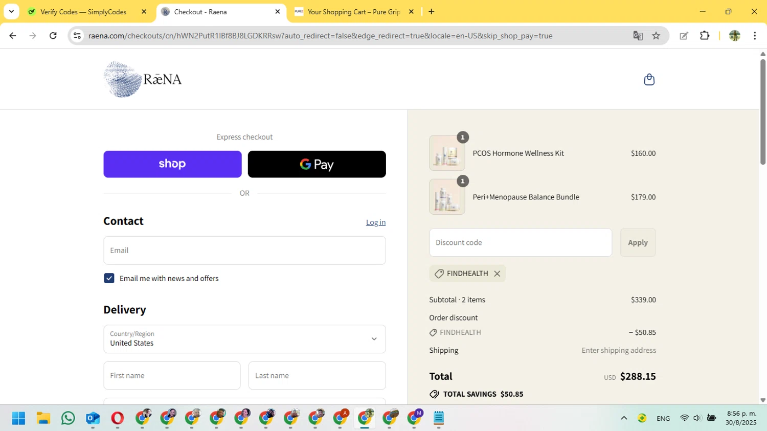 Raena promo code screenshot showing code FINDHEALTH applied at Raena checkout page. Uploaded by SimplyCodes community member FundoSinai on Aug 31, 2025