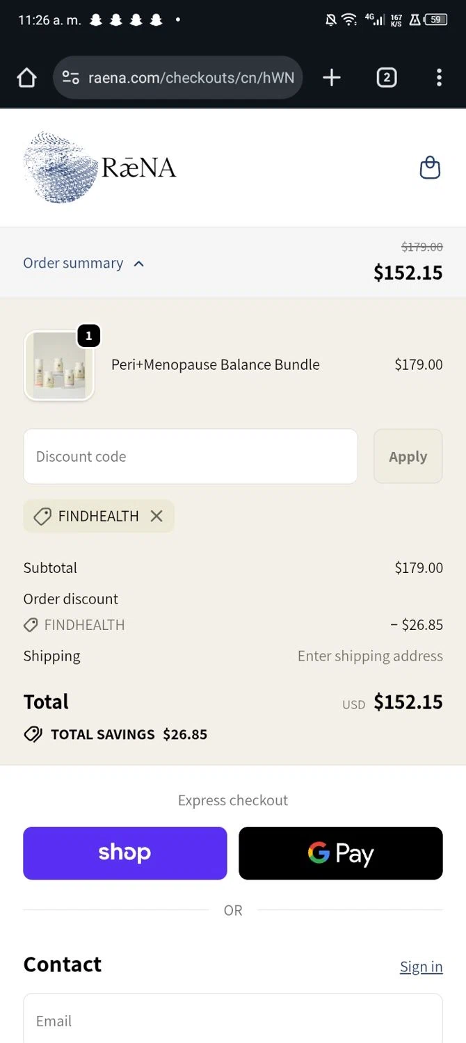 Raena promo code screenshot showing code FINDHEALTH applied at Raena checkout page. Uploaded by SimplyCodes community member Nickurtdale on Oct 27, 2025