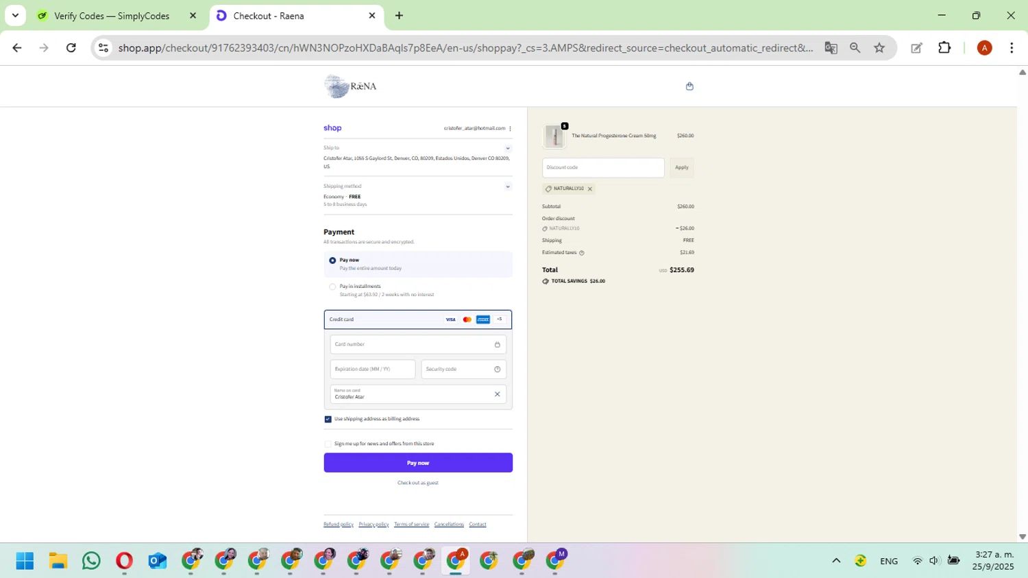 Raena promo code screenshot showing code NATURALLY10 applied at Raena checkout page. Uploaded by SimplyCodes community member FundoKadmiel on Sep 25, 2025