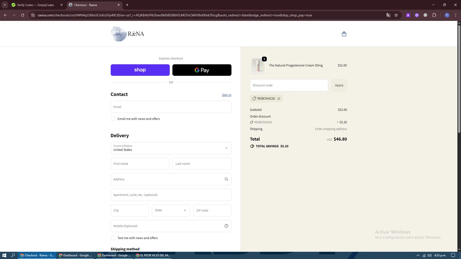 Raena promo code screenshot showing code REBEXVAZ10 applied at Raena checkout page. Uploaded by SimplyCodes community member Darknigth31 on Nov 2, 2025