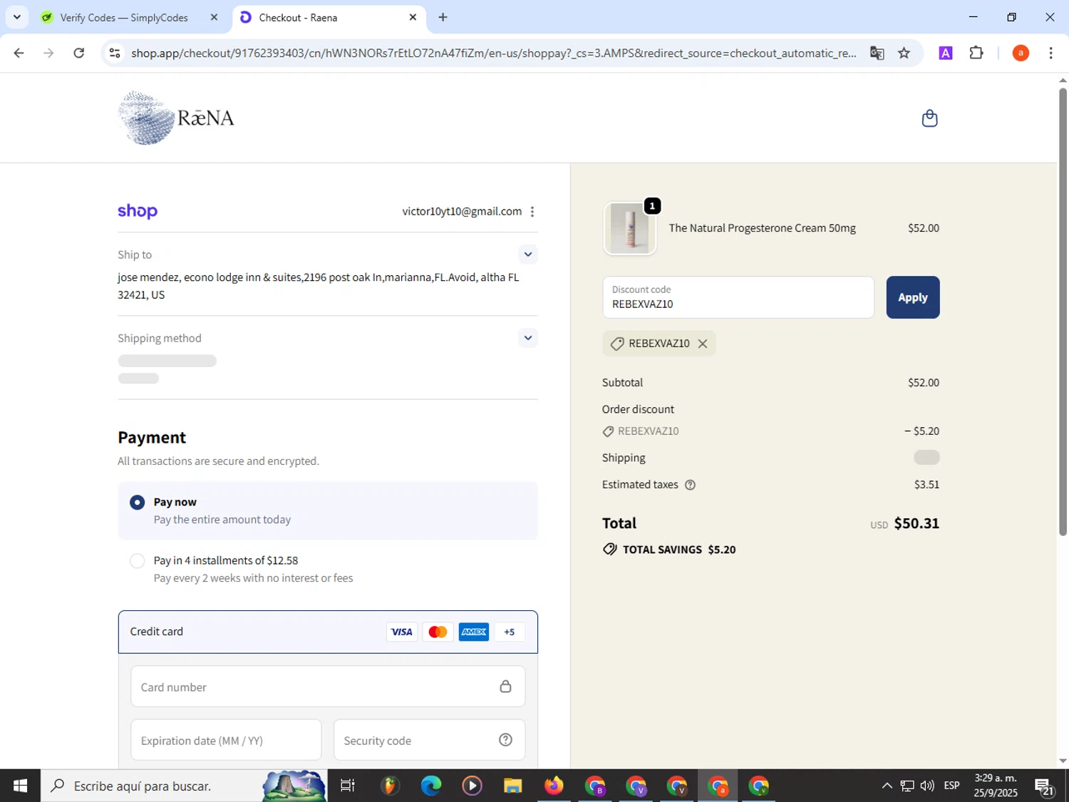 Raena promo code screenshot showing code REBEXVAZ10 applied at Raena checkout page. Uploaded by SimplyCodes community member partenalgas on Sep 25, 2025