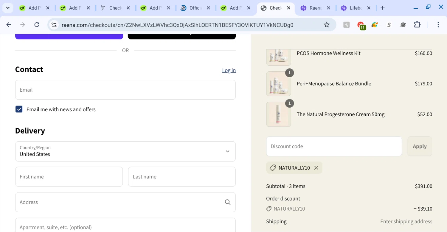 Raena promo code screenshot showing code NATURALLY10 applied at Raena checkout page. Uploaded by SimplyCodes community member KarinaHZ on Jun 13, 2025