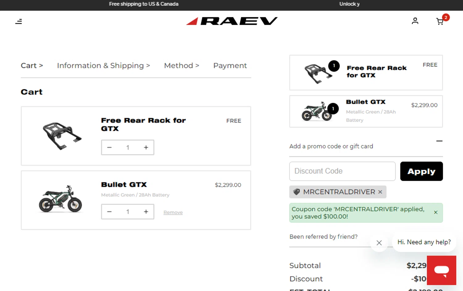 where to use RAEV Bikes promo code box