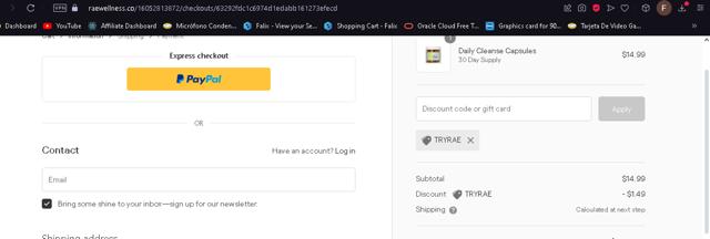 Rae Wellness checkout page showing Rae Wellness promo code box | Screenshot taken by SimplyCodes community member on May 30, 2024