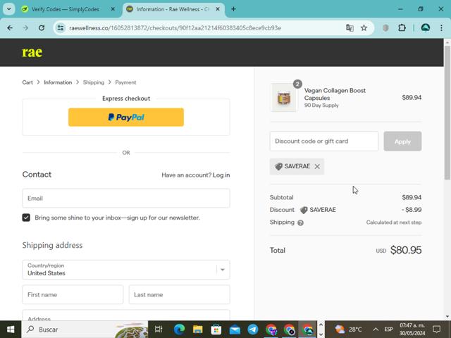Rae Wellness checkout page showing Rae Wellness promo code box | Screenshot taken by SimplyCodes community member on May 30, 2024