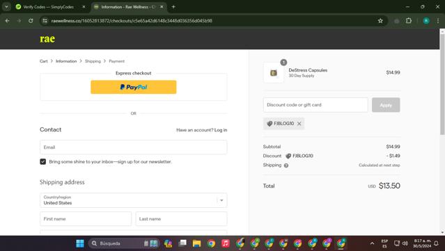 Rae Wellness checkout page showing Rae Wellness promo code box | Screenshot taken by SimplyCodes community member on May 30, 2024