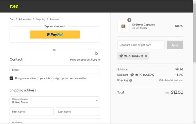 Rae Wellness checkout page showing Rae Wellness promo code box | Screenshot taken by SimplyCodes community member on May 30, 2024