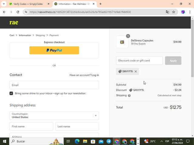 Rae Wellness checkout page showing Rae Wellness promo code box | Screenshot taken by SimplyCodes community member on Jun 27, 2024