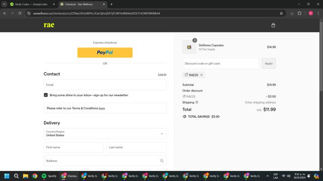 Rae Wellness checkout page showing Rae Wellness promo code box | Screenshot taken by SimplyCodes community member on Aug 16, 2024