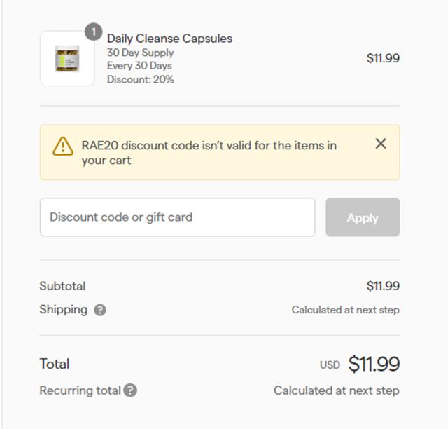Rae Wellness checkout page showing Rae Wellness promo code box | Screenshot taken by SimplyCodes community member on Jul 18, 2024