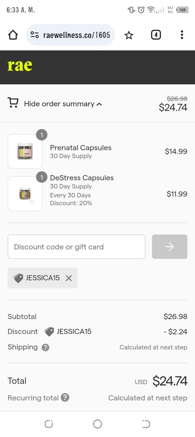 Rae Wellness checkout page showing Rae Wellness promo code box | Screenshot taken by SimplyCodes community member on Jul 27, 2024