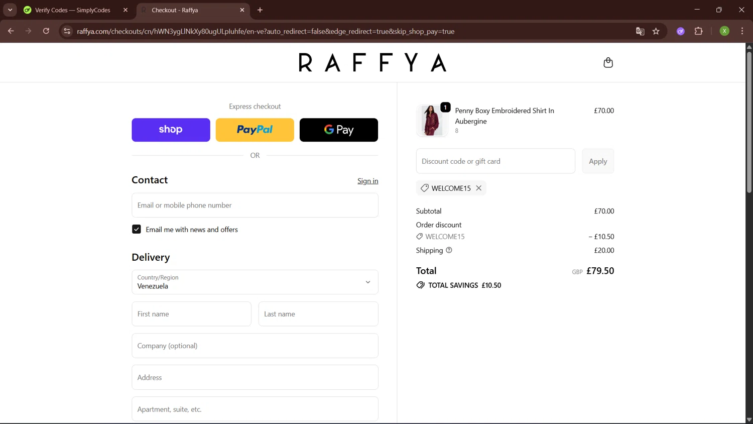 Raffya promo code screenshot showing code WELCOME15 applied at Raffya checkout page. Uploaded by SimplyCodes community member SaleTiger1087 on Oct 11, 2025