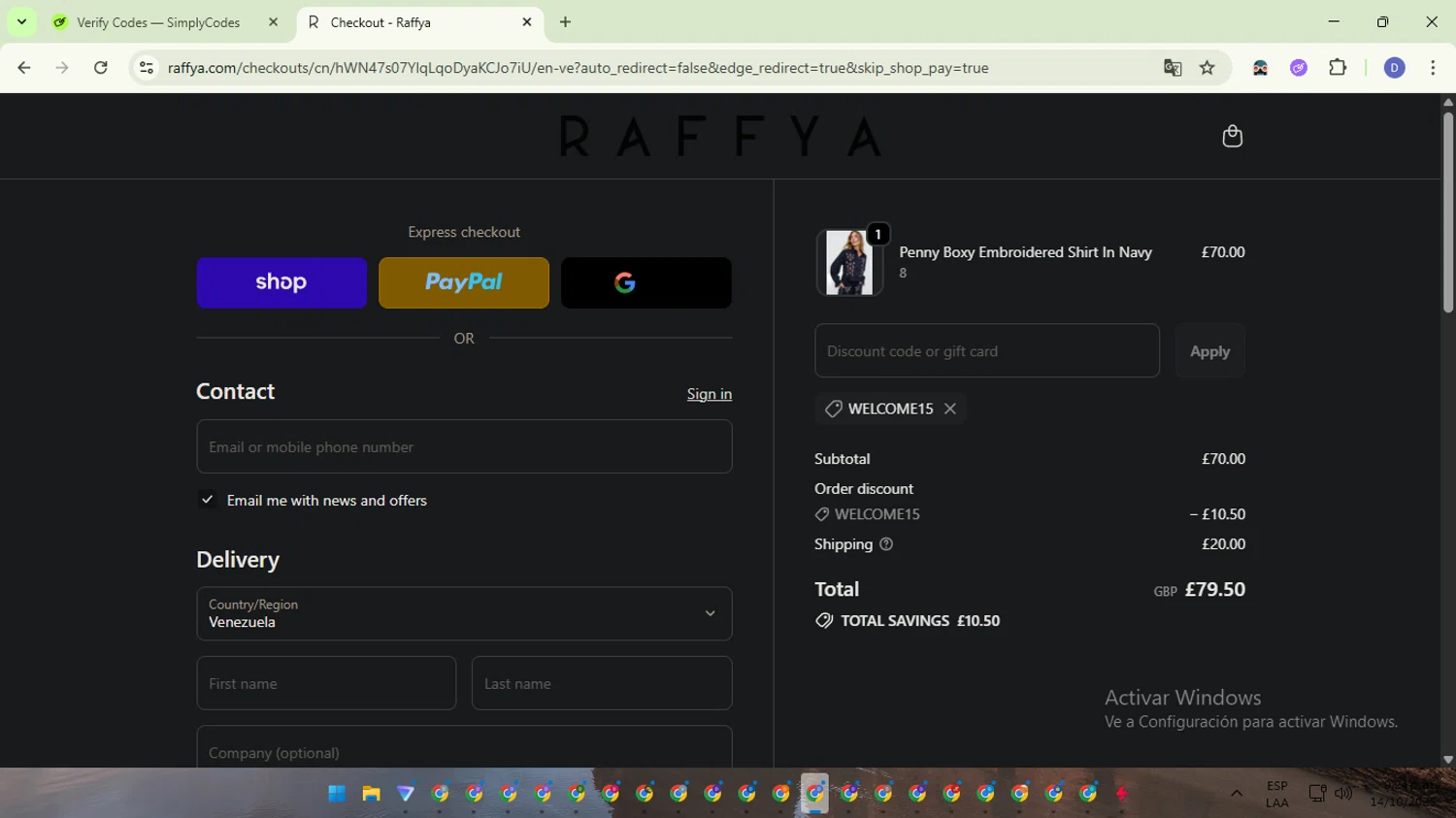 Raffya promo code screenshot showing code WELCOME15 applied at Raffya checkout page. Uploaded by SimplyCodes community member VoucherTitan8325 on Oct 15, 2025