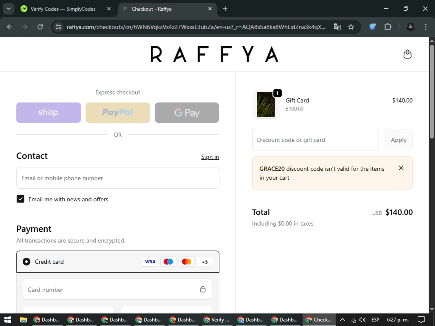 Raffya promo code screenshot showing code GRACE20 applied at Raffya checkout page. Uploaded by SimplyCodes community member ValueElite5945 on Dec 16, 2025