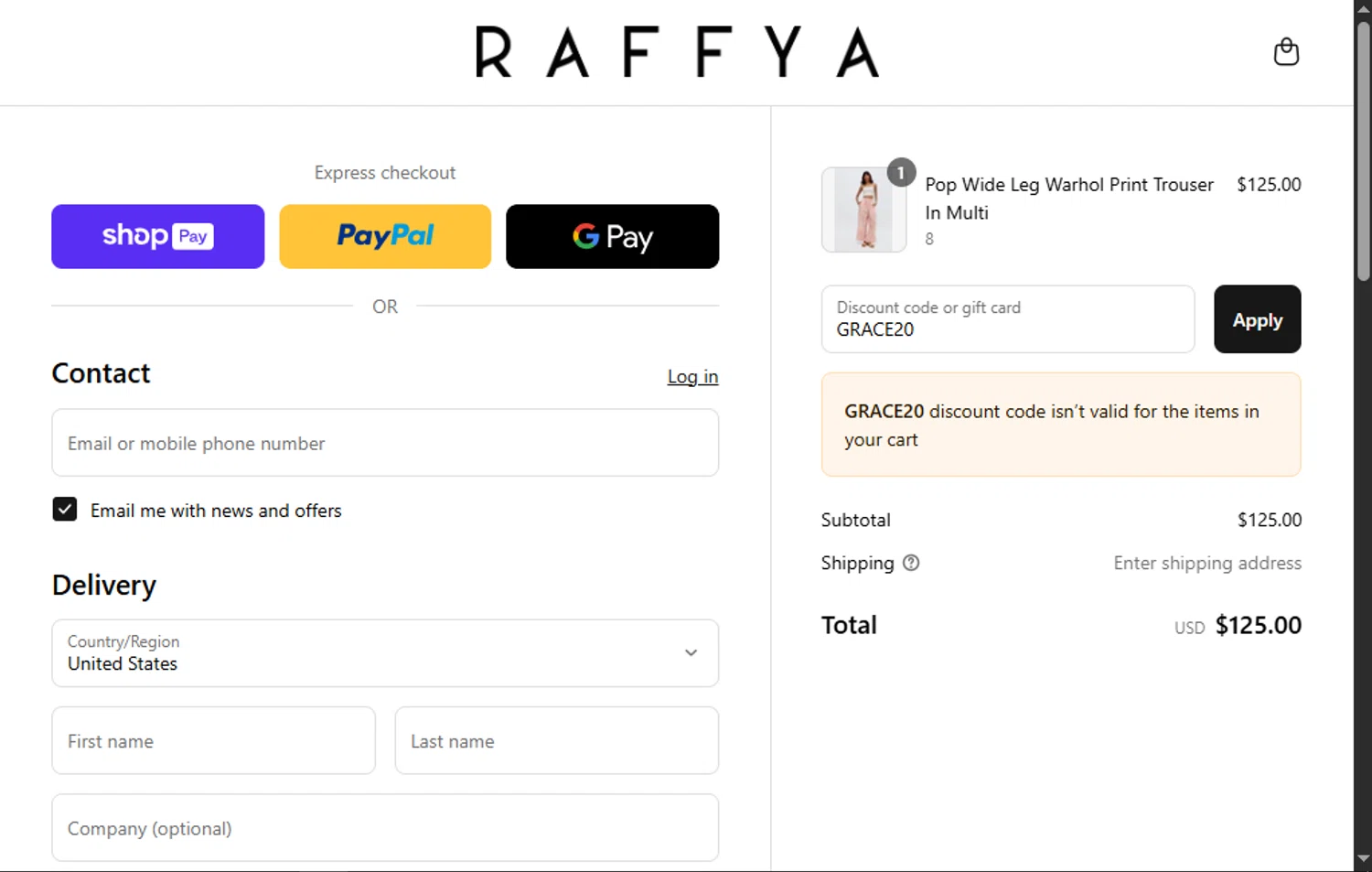 Raffya promo code screenshot showing code GRACE20 applied at Raffya checkout page. Uploaded by SimplyCodes community member SwiftTracker8156 on May 4, 2025