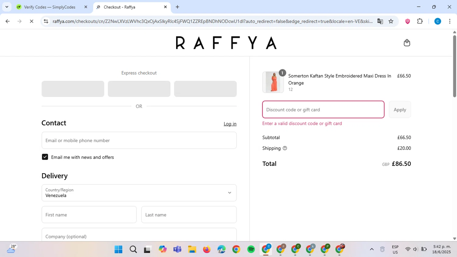 Raffya promo code screenshot showing code GAYLE20 applied at Raffya checkout page. Uploaded by SimplyCodes community member ScanAce2966 on Jun 18, 2025