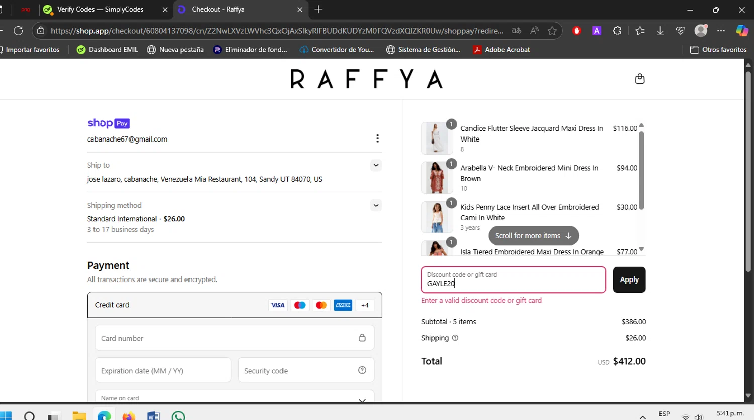 Raffya promo code screenshot showing code GAYLE20 applied at Raffya checkout page. Uploaded by SimplyCodes community member EJL_MIQUILENA on Jun 18, 2025