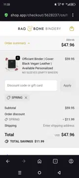 Rag & Bone Bindery coupon verification screenshot
