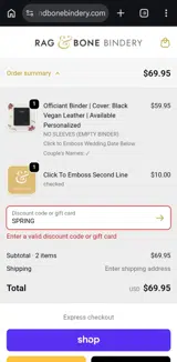 Rag & Bone Bindery coupon verification screenshot