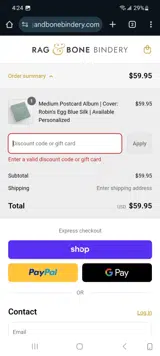 Rag & Bone Bindery coupon verification screenshot