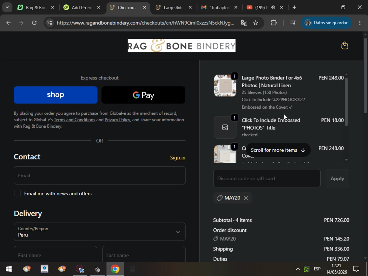 Rag & Bone Bindery promo code screenshot showing code MAY20 applied at Rag & Bone Bindery checkout page. Uploaded by SimplyCodes community member MarcosAranguren on May 14, 2026