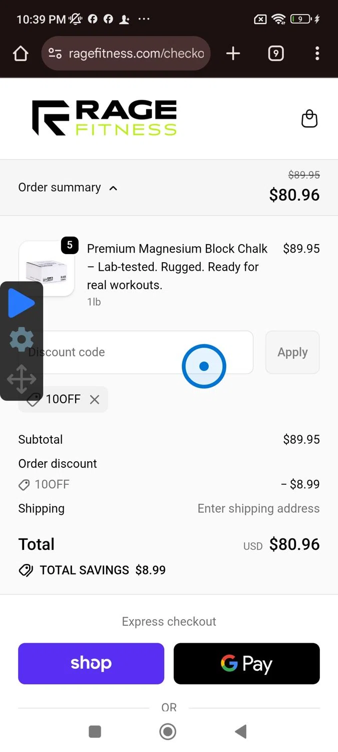 Rage Fitness promo code screenshot showing code 10OFF applied at Rage Fitness checkout page. Uploaded by SimplyCodes community member widdyto on Oct 10, 2025