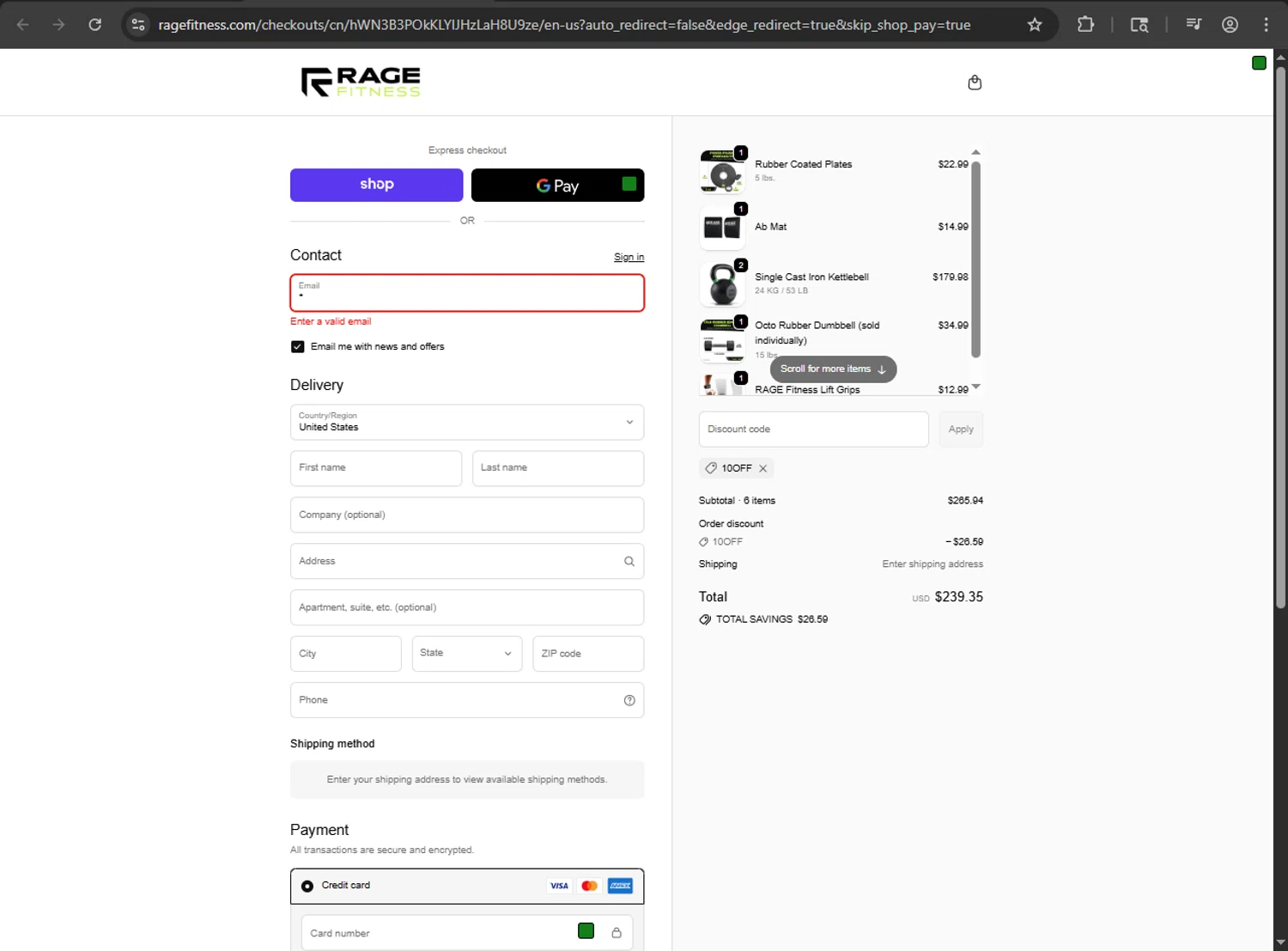 Rage Fitness promo code screenshot showing code 10OFF applied at Rage Fitness checkout page. Uploaded by SimplyCodes community member zzzzzzza on Sep 20, 2025