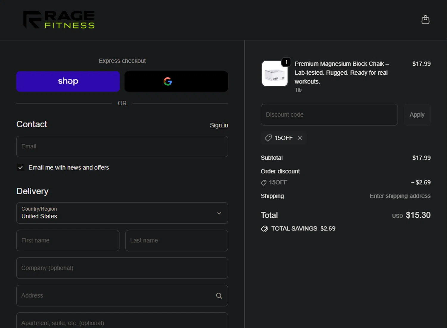 Rage Fitness promo code screenshot showing code 15OFF applied at Rage Fitness checkout page. Uploaded by SimplyCodes community member POWERRANGERRED on Sep 20, 2025
