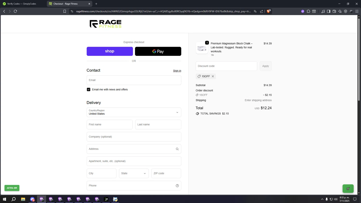 Rage Fitness promo code screenshot showing code 15OFF applied at Rage Fitness checkout page. Uploaded by SimplyCodes community member aaaaaaaaaaaaaaaaaaaaa on Nov 8, 2025
