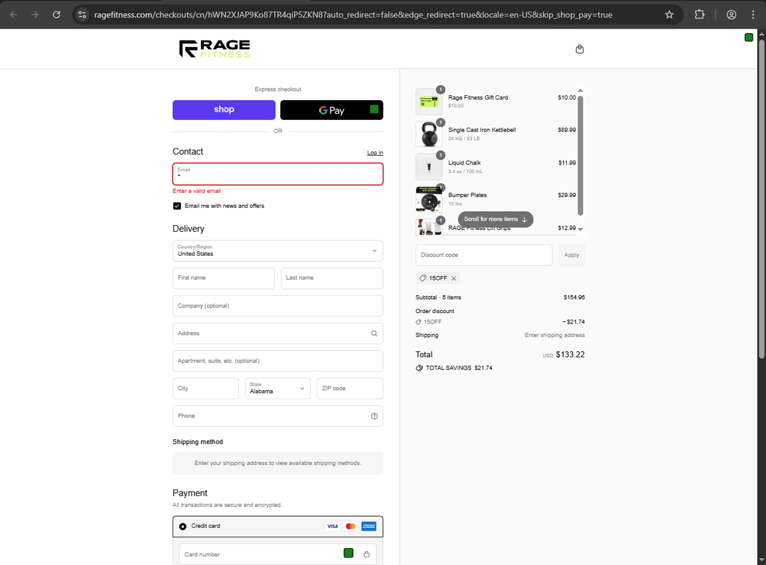 Rage Fitness promo code screenshot showing code 15OFF applied at Rage Fitness checkout page. Uploaded by SimplyCodes community member nikelson on Sep 3, 2025