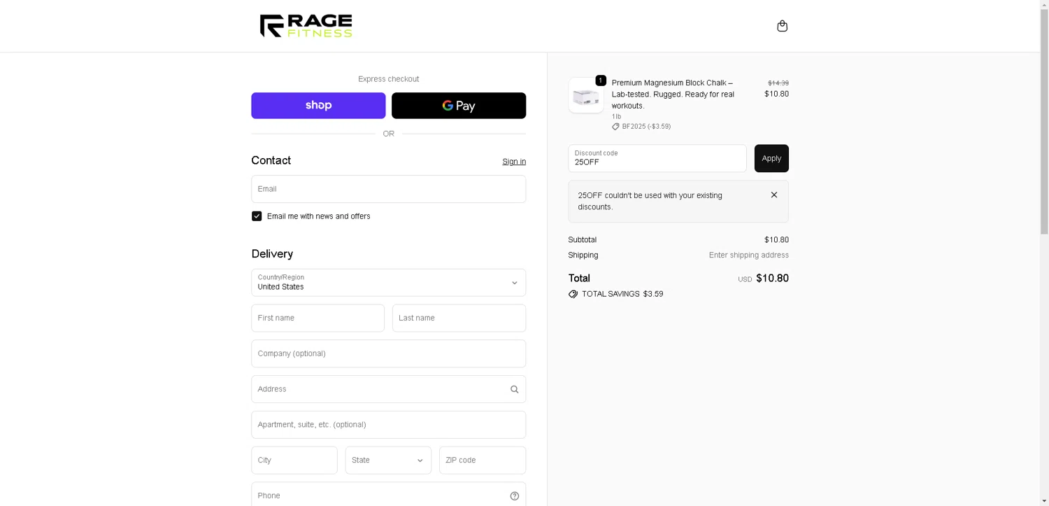 Rage Fitness promo code screenshot showing code 25OFF applied at Rage Fitness checkout page. Uploaded by SimplyCodes community member CleverLynx8583 on Nov 28, 2025