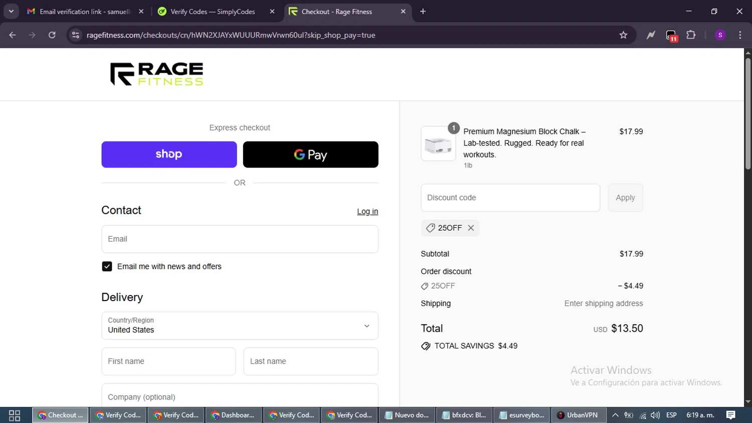 Rage Fitness promo code screenshot showing code 25OFF applied at Rage Fitness checkout page. Uploaded by SimplyCodes community member ShieldWarden7838 on Sep 3, 2025