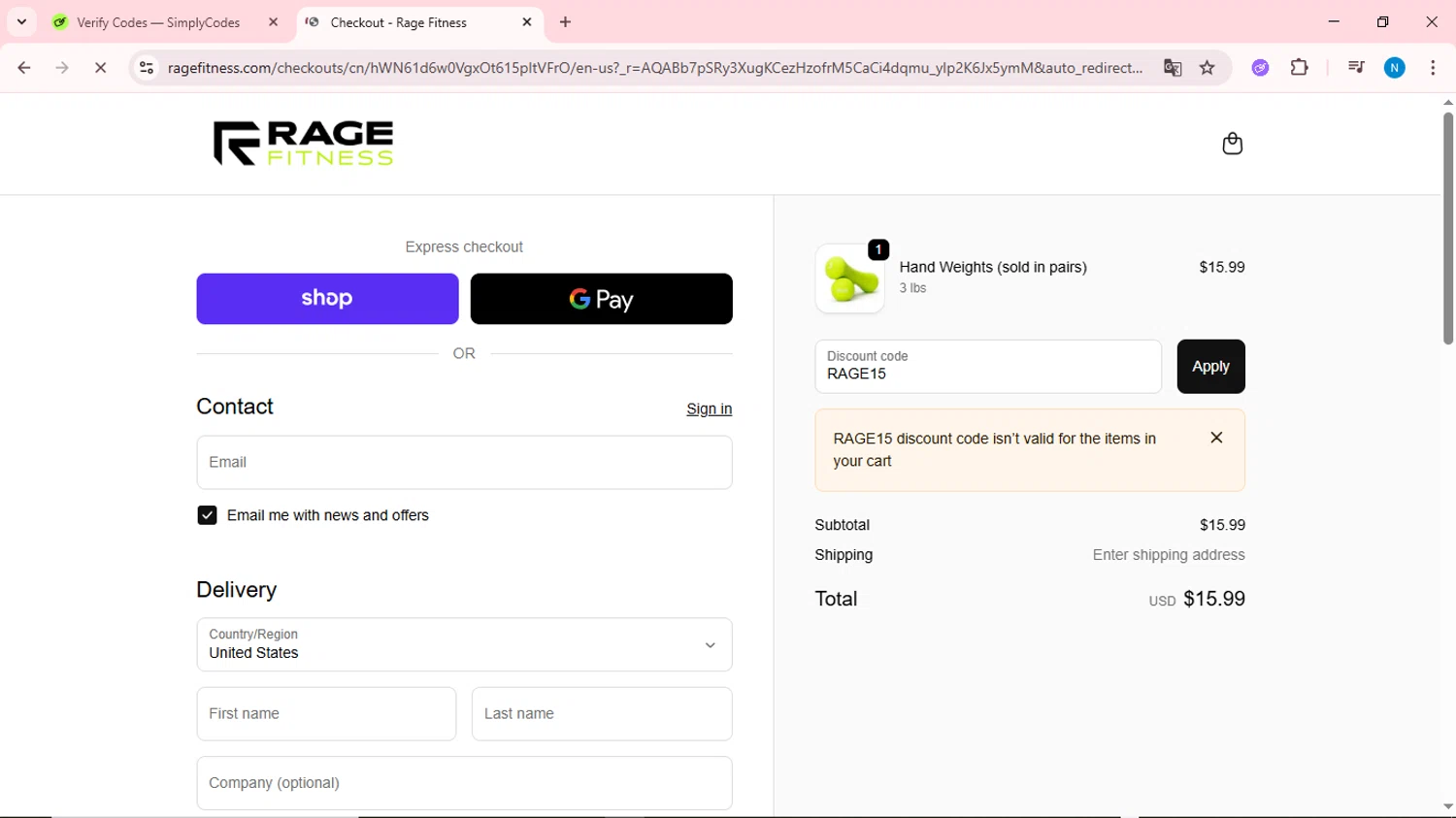 Rage Fitness promo code screenshot showing code RAGE15 applied at Rage Fitness checkout page. Uploaded by SimplyCodes community member QuestOwl6398 on Dec 4, 2025