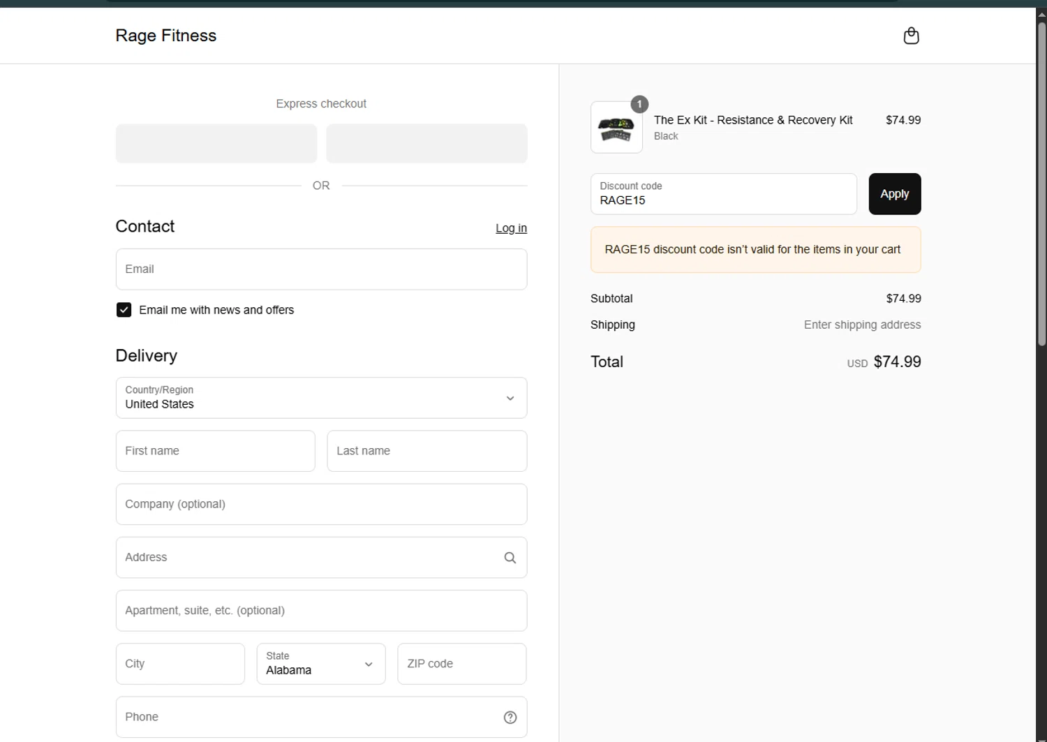 Rage Fitness promo code screenshot showing code RAGE15 applied at Rage Fitness checkout page. Uploaded by SimplyCodes community member SwiftPhoenix267 on Jun 25, 2025