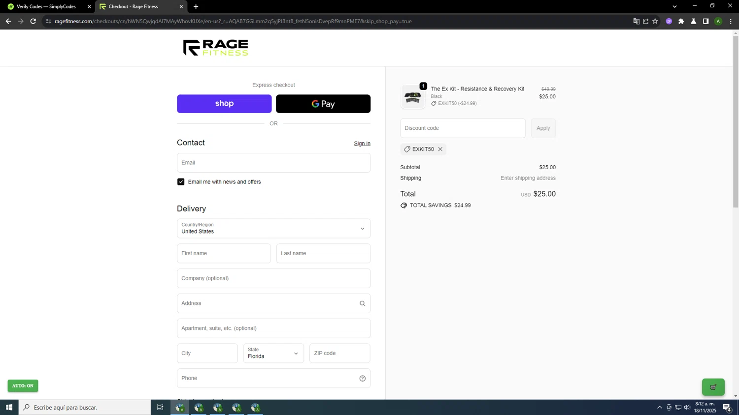 Rage Fitness promo code screenshot showing code EXKIT50 applied at Rage Fitness checkout page. Uploaded by SimplyCodes community member INSECTOS on Nov 18, 2025