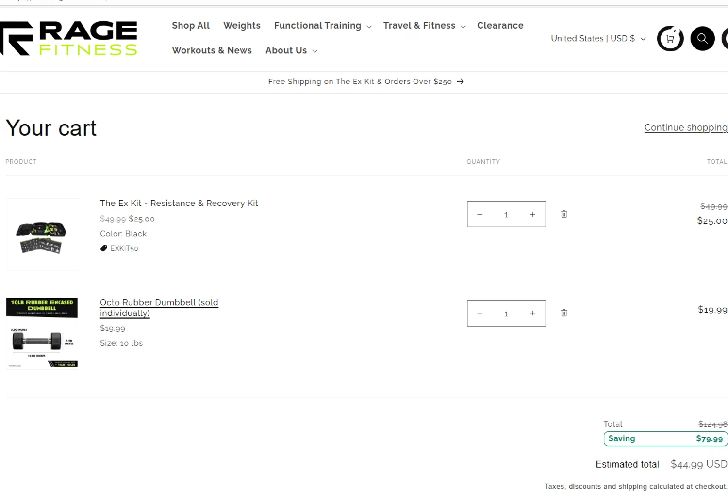 Rage Fitness promo code screenshot showing code EXKIT50 applied at Rage Fitness checkout page. Uploaded by SimplyCodes community member carloschacin on Oct 26, 2025