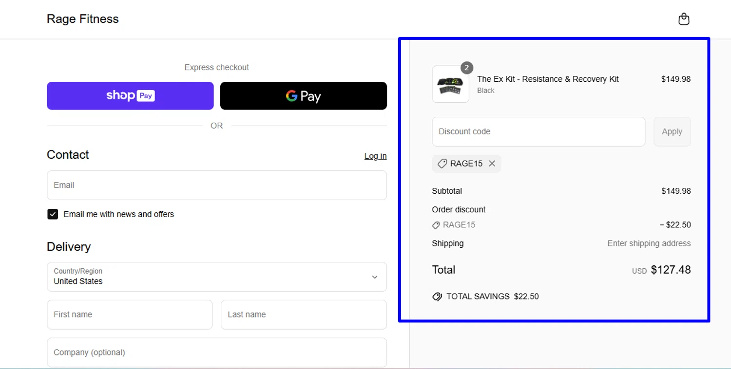 Rage Fitness promo code screenshot showing code RAGE15 applied at Rage Fitness checkout page. Uploaded by SimplyCodes community member Swiftdealz on Jun 10, 2025