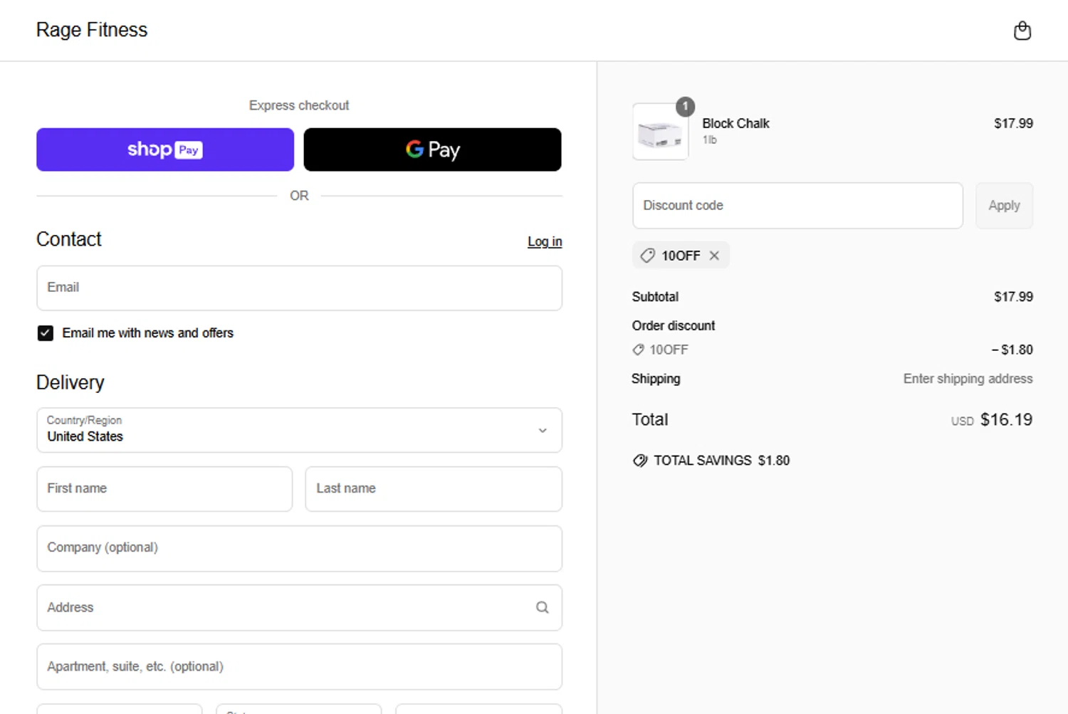 Rage Fitness promo code screenshot showing code 10OFF applied at Rage Fitness checkout page. Uploaded by SimplyCodes community member gabrielponce on May 2, 2025