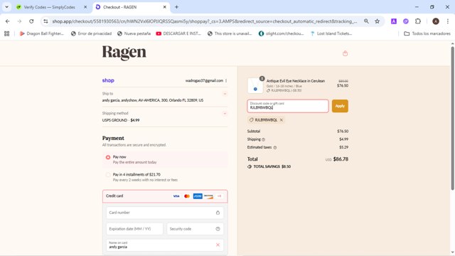 Ragen Jewels checkout page showing Ragen Jewels discount code box | Screenshot taken by SimplyCodes community member on Sep 2, 2025