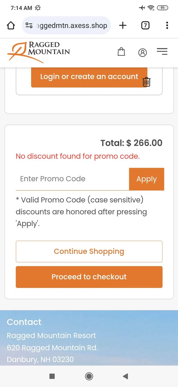 Ragged Mountain Resort promo code screenshot showing code ONLINEONLY applied at Ragged Mountain Resort checkout page. Uploaded by SimplyCodes community member MightyBoss9975 on Mar 2, 2025