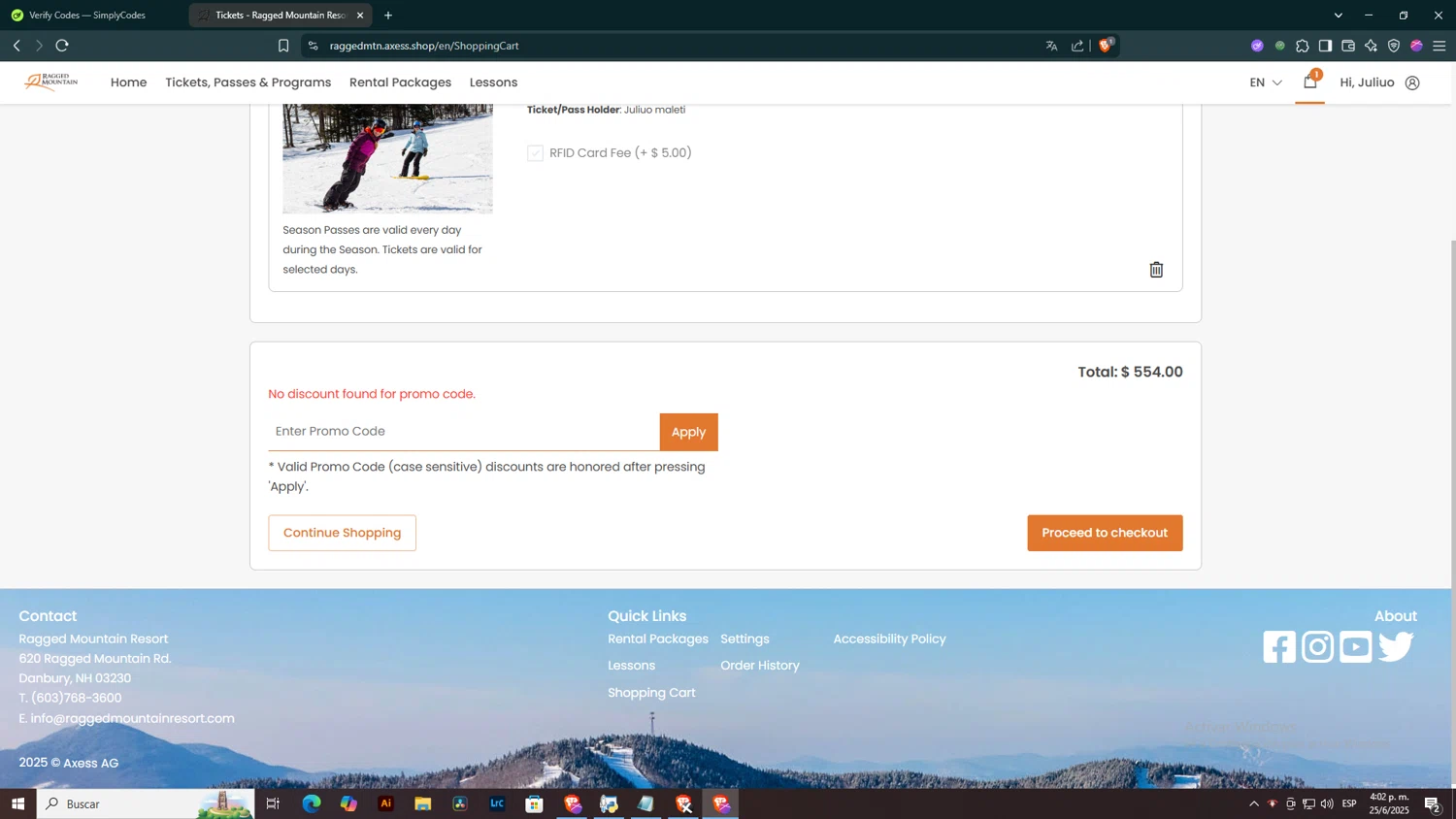 Ragged Mountain Resort promo code screenshot showing code 2526LASTCHANCE applied at Ragged Mountain Resort checkout page. Uploaded by SimplyCodes community member BOLITAS on Jun 25, 2025