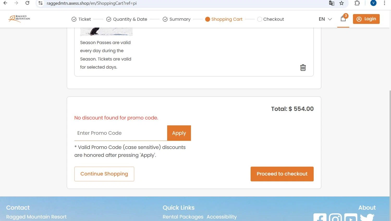 Ragged Mountain Resort promo code screenshot showing code 2526LASTCHANCE applied at Ragged Mountain Resort checkout page. Uploaded by SimplyCodes community member monicyell on Jun 25, 2025