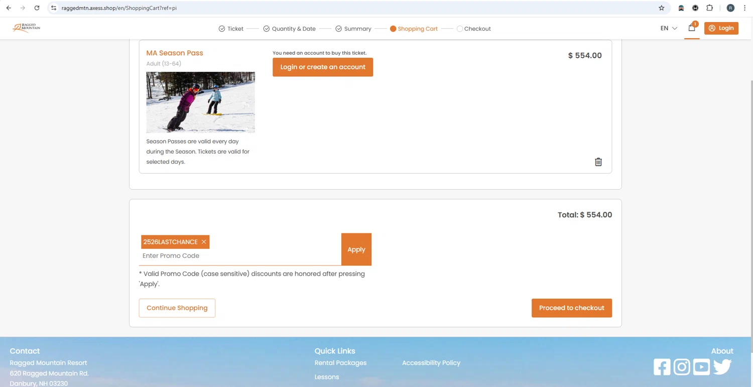 Ragged Mountain Resort promo code screenshot showing code 2526LASTCHANCE applied at Ragged Mountain Resort checkout page. Uploaded by SimplyCodes community member rafaelmarquez on Jun 25, 2025