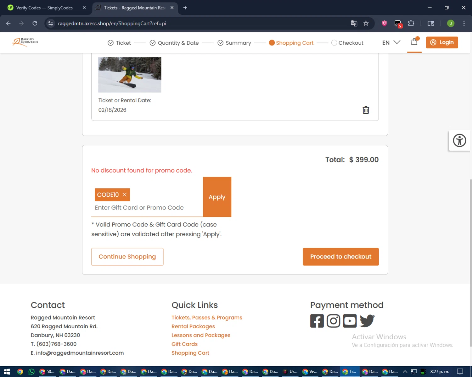 Ragged Mountain Resort promo code screenshot showing code CODE10 applied at Ragged Mountain Resort checkout page. Uploaded by SimplyCodes community member LilBaby on Jan 30, 2026