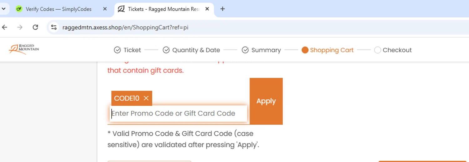 Ragged Mountain Resort promo code screenshot showing code CODE10 applied at Ragged Mountain Resort checkout page. Uploaded by SimplyCodes community member Paolita on Nov 12, 2025
