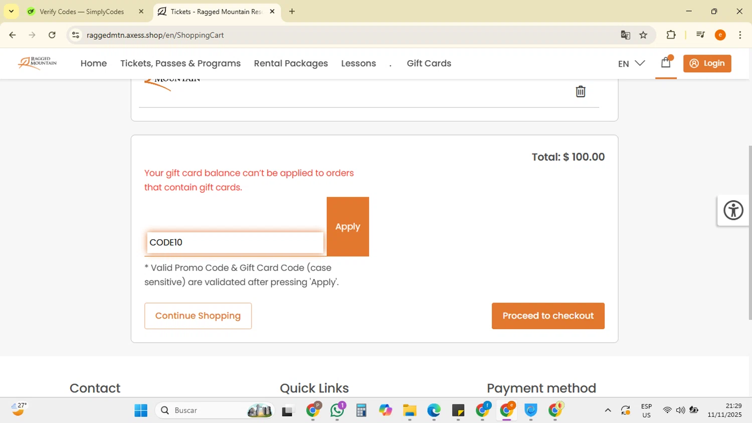 Ragged Mountain Resort promo code screenshot showing code CODE10 applied at Ragged Mountain Resort checkout page. Uploaded by SimplyCodes community member RebateSpotter7205 on Nov 12, 2025