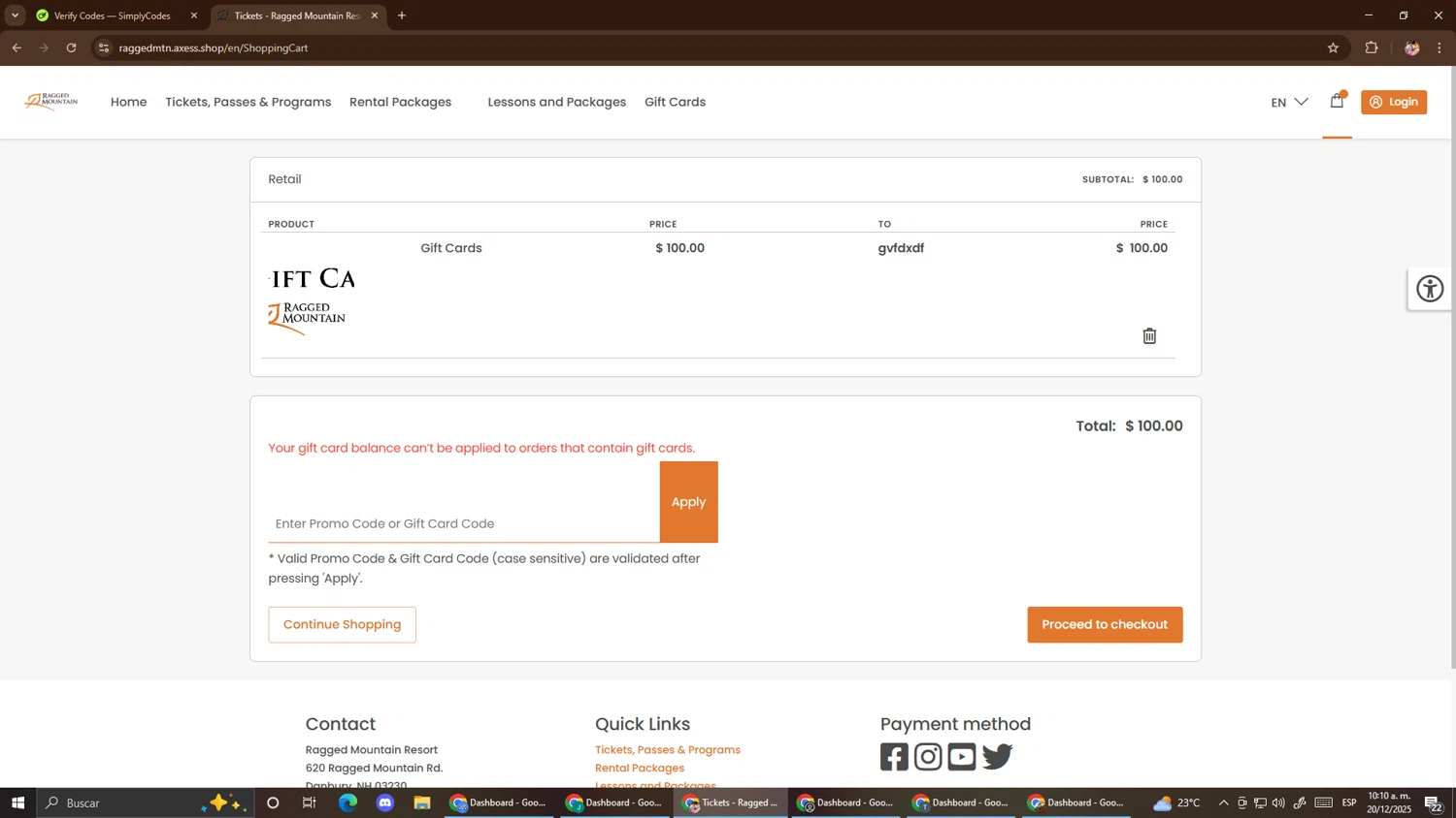 Ragged Mountain Resort promo code screenshot showing code MISSION applied at Ragged Mountain Resort checkout page. Uploaded by SimplyCodes community member El_mynor on Dec 20, 2025