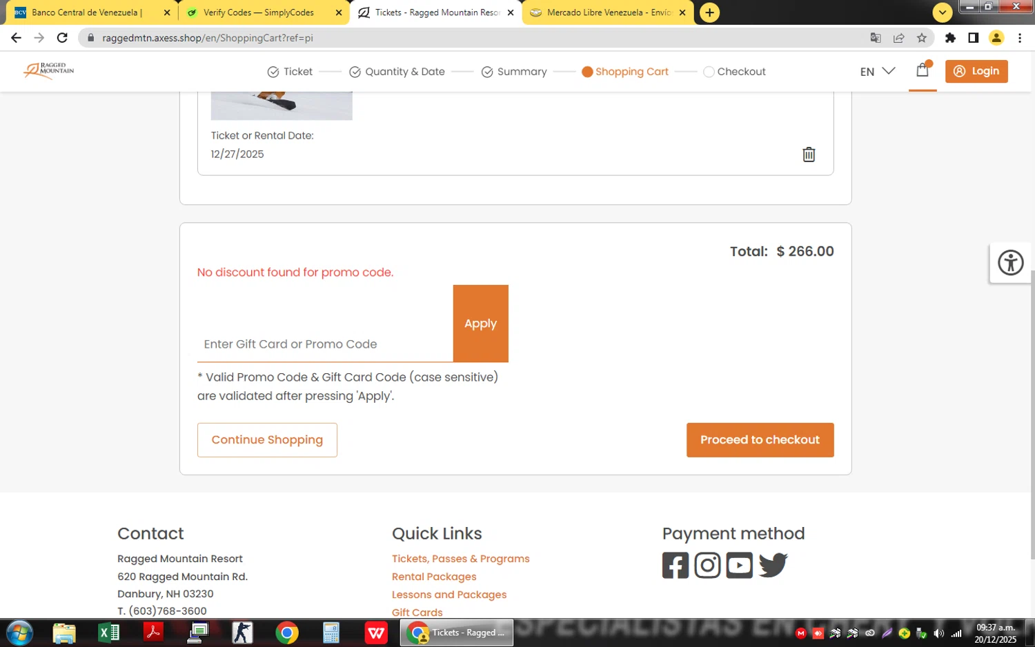 Ragged Mountain Resort promo code screenshot showing code MISSION applied at Ragged Mountain Resort checkout page. Uploaded by SimplyCodes community member QuestSage1300 on Dec 20, 2025